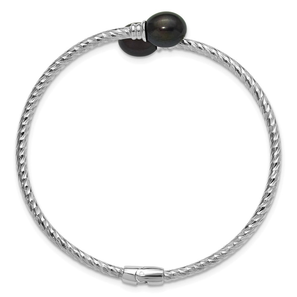Sterling Silver Rh-plated 8-9mm Rice Black FWC Pearl Hinged Bangle