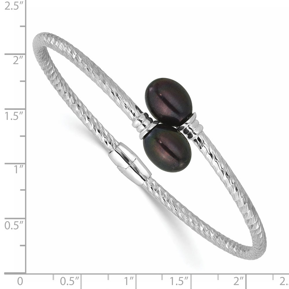 Sterling Silver Rh-plated 8-9mm Rice Black FWC Pearl Hinged Bangle