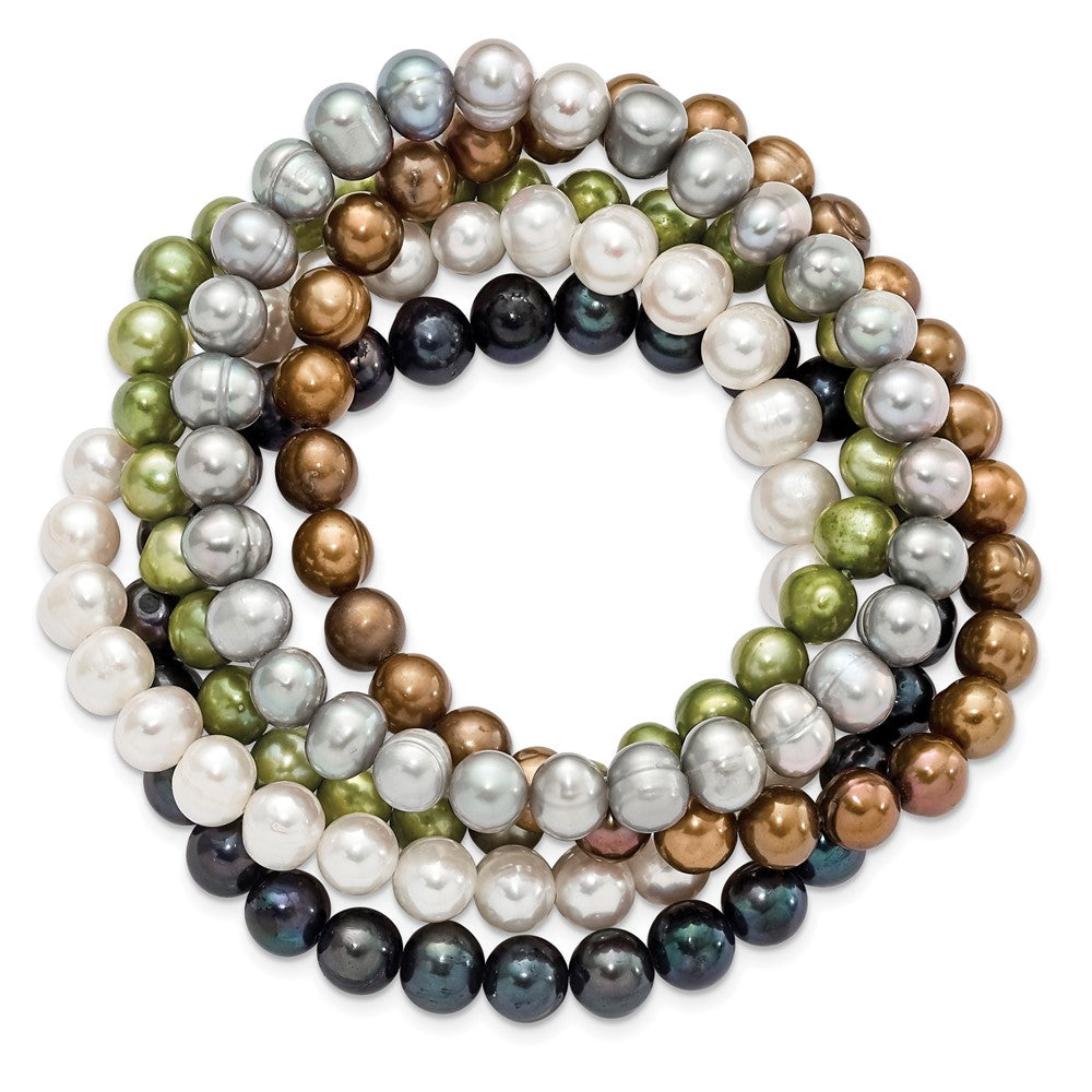 6-7mm Grn/Gry/Wht/Blck/Brwn Semi-round FWC Pearl Stretch Bracelet 5 pc Set