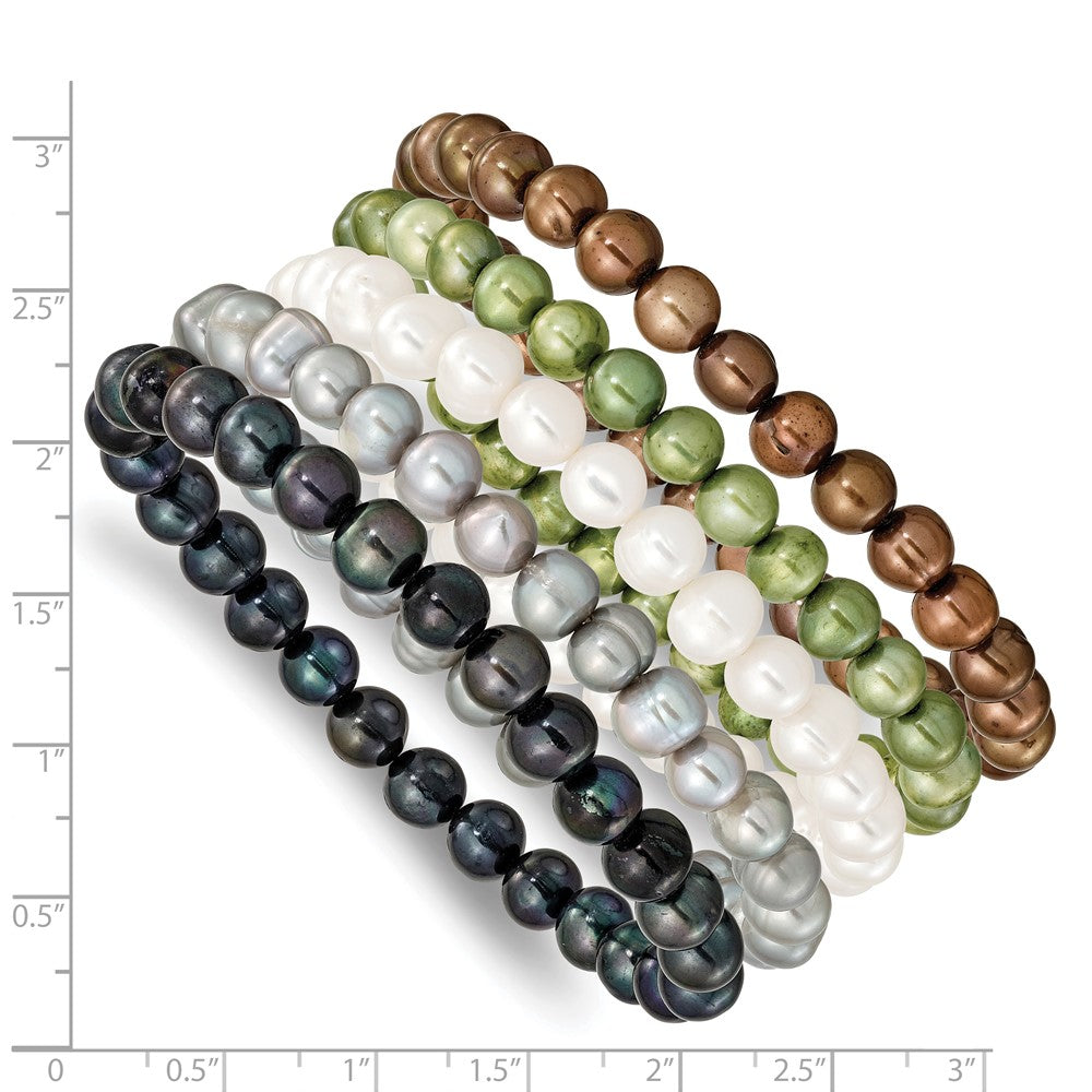 6-7mm Grn/Gry/Wht/Blck/Brwn Semi-round FWC Pearl Stretch Bracelet 5 pc Set