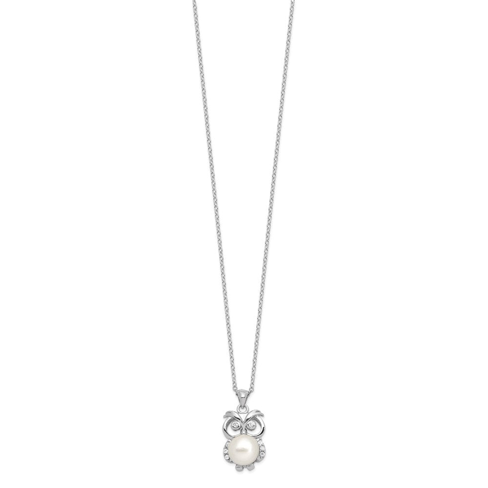 Sterling Silver Rhodium-plated CZ 8-9mm White Button FWC Pearl Owl Necklace