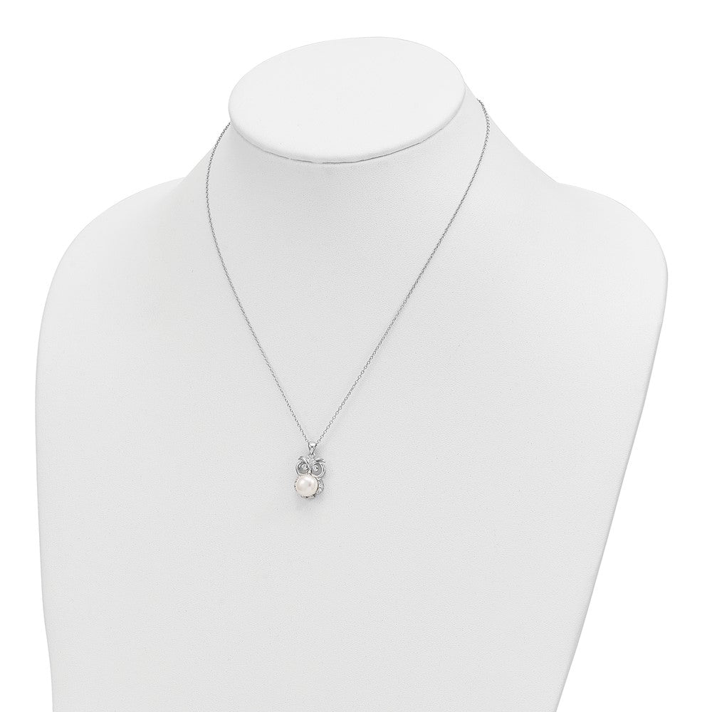 Sterling Silver Rhodium-plated CZ 8-9mm White Button FWC Pearl Owl Necklace