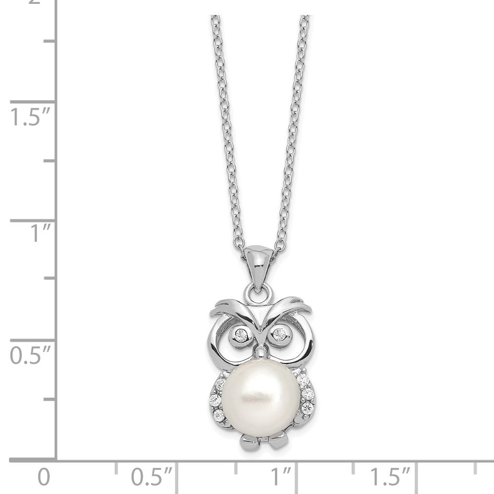 Sterling Silver Rhodium-plated CZ 8-9mm White Button FWC Pearl Owl Necklace