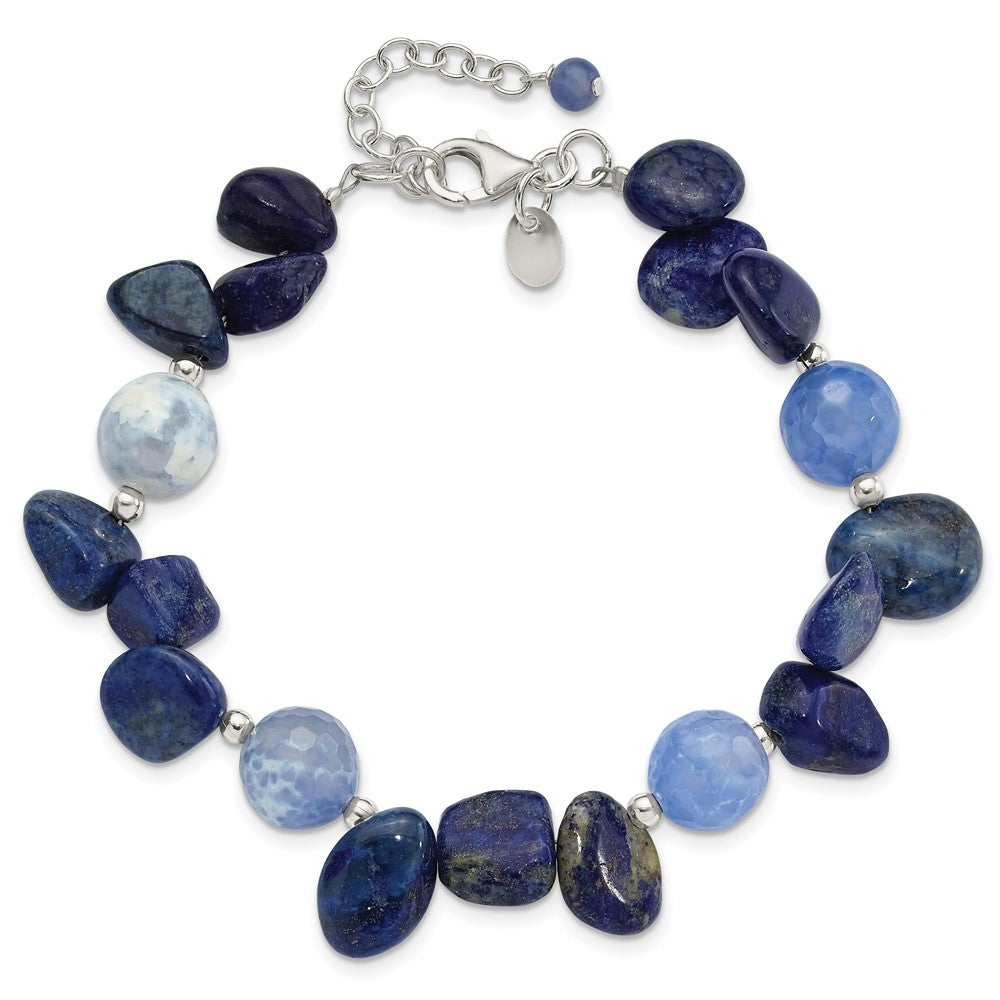Sterling Silver Agate, Lapis and Sodalite w/1in ext Bracelet