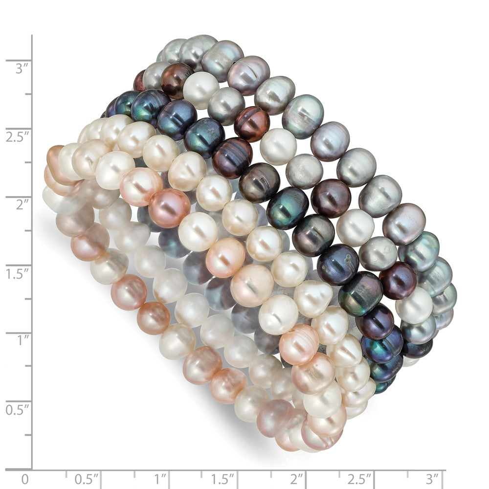 6-7mm Grey/White/Black/Pink Semi-round FWC Pearl Stretch Bracelet 5pc Set