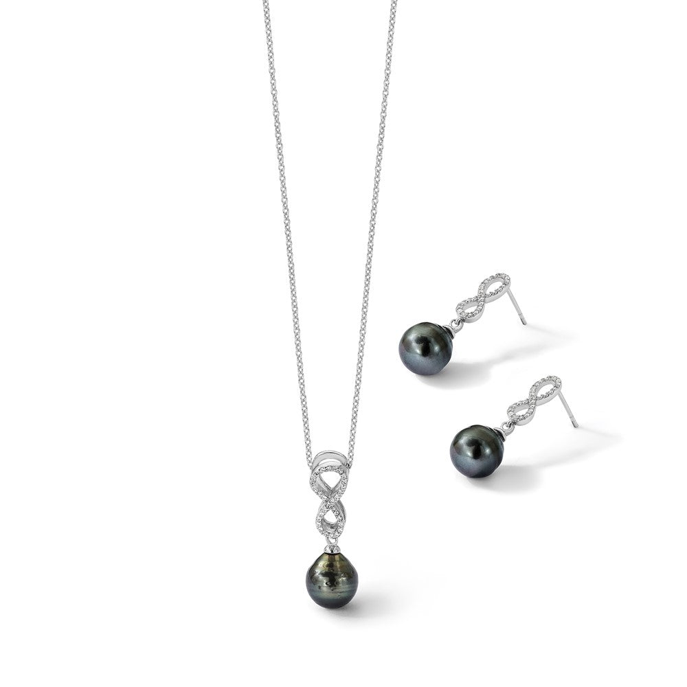 Sterling Silver RH-plated Tahitian Pearl/CZ Infinity Necklace/Earring Set