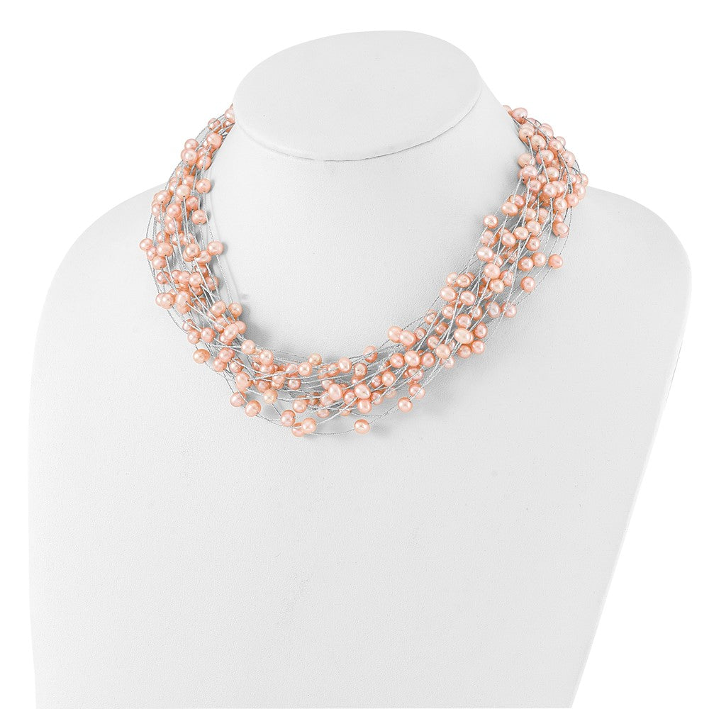 Sterling Silver RH-plated 5-5.5mm Pink FWC Pearl Multi Strand Necklace