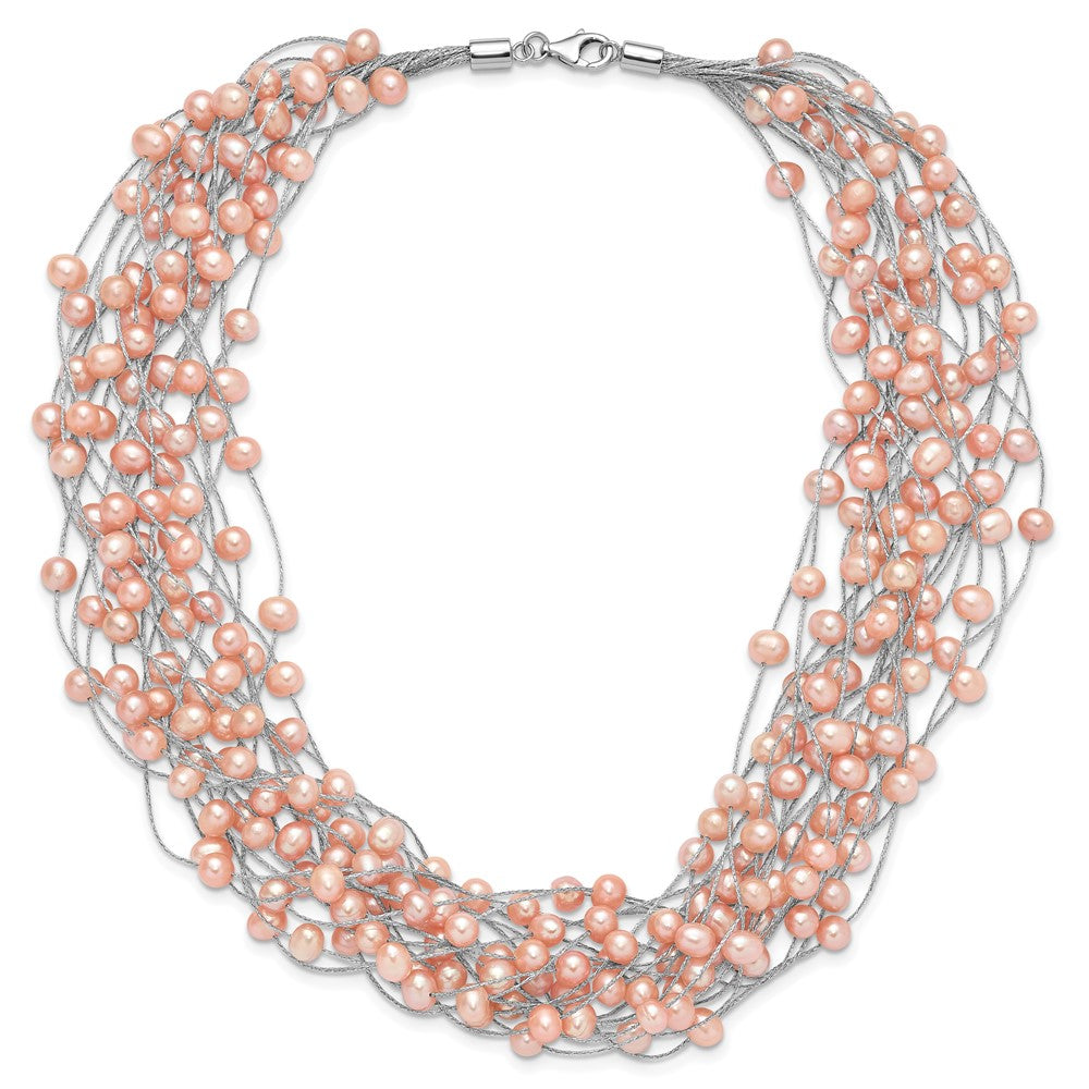 Sterling Silver RH-plated 5-5.5mm Pink FWC Pearl Multi Strand Necklace
