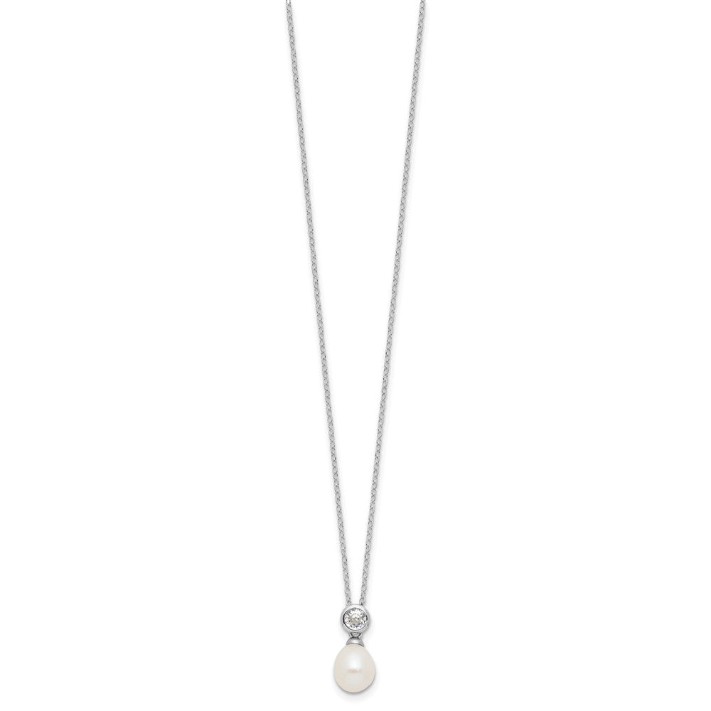 Sterling Silver RH-plated 7-8mm White Rice FWC Pearl/CZ 17in Necklace