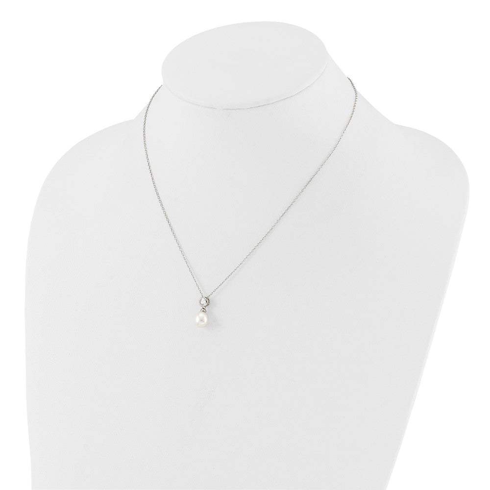 Sterling Silver RH-plated 7-8mm White Rice FWC Pearl/CZ 17in Necklace