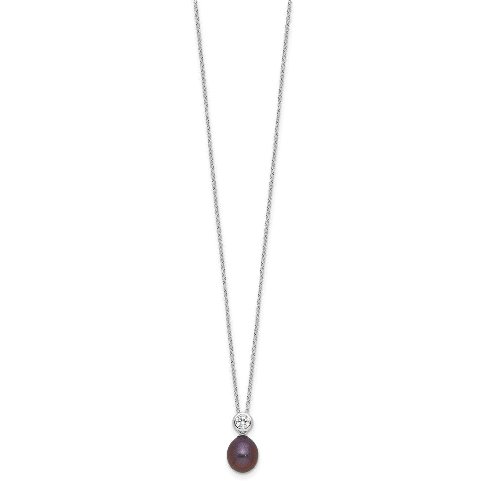 Sterling Silver RH-plated 7-8mm Black Rice FWC Pearl/CZ 17in Necklace