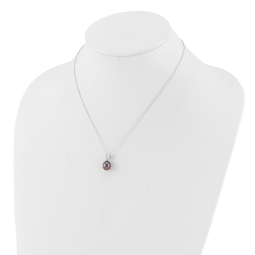Sterling Silver RH-plated 7-8mm Black Rice FWC Pearl/CZ 17in Necklace