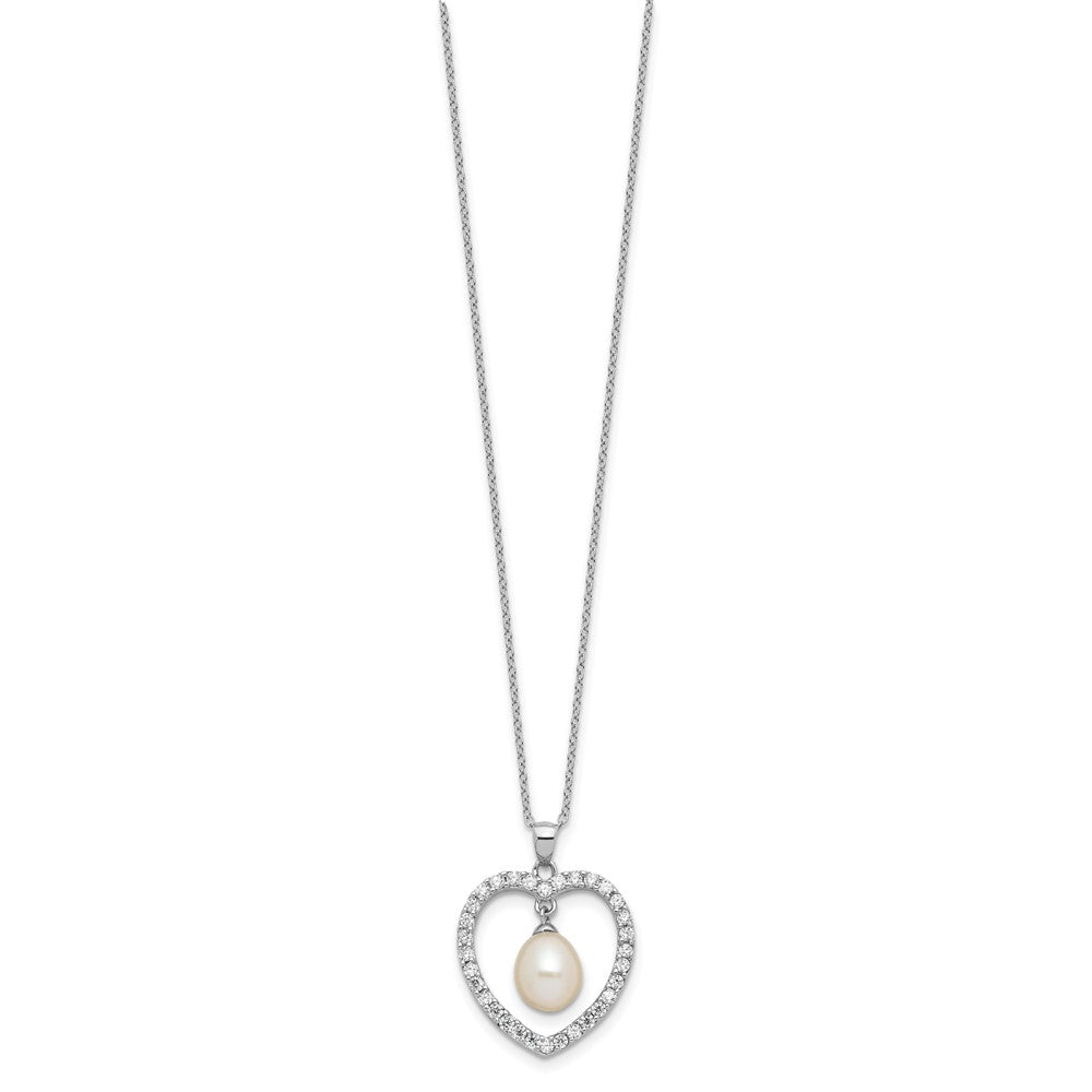 Sterling Silver RH-plated 8-8.5mm FWC Pearl and CZ Heart 17in Necklace