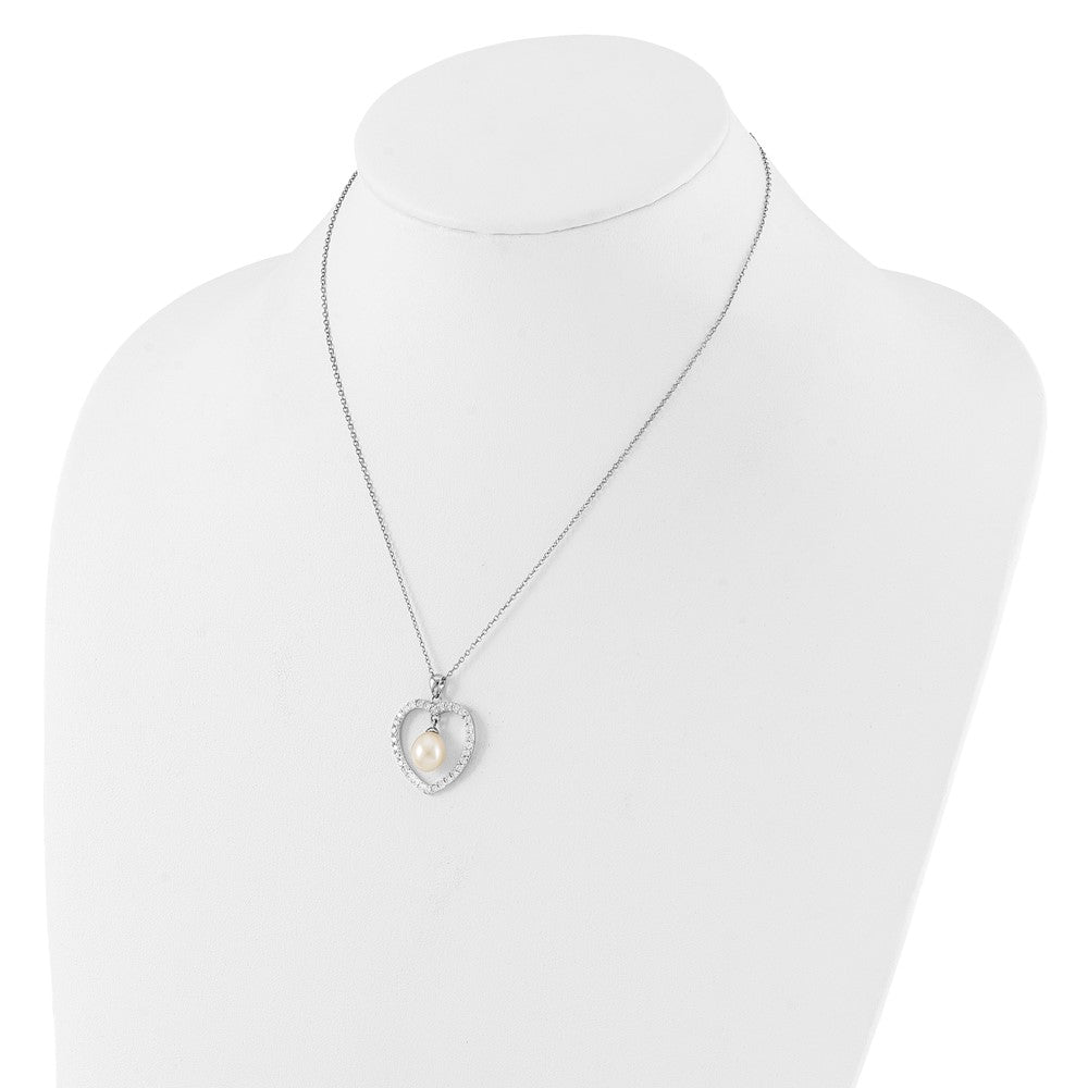 Sterling Silver RH-plated 8-8.5mm FWC Pearl and CZ Heart 17in Necklace