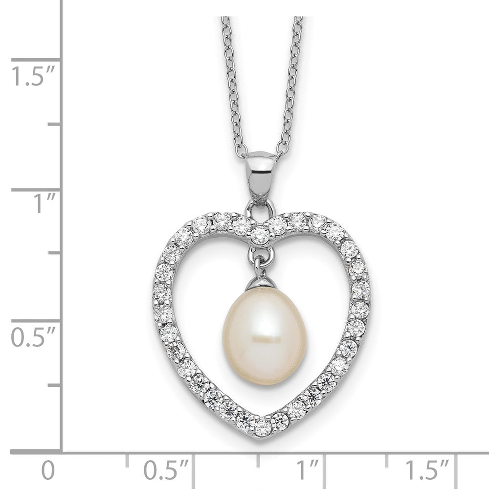 Sterling Silver RH-plated 8-8.5mm FWC Pearl and CZ Heart 17in Necklace