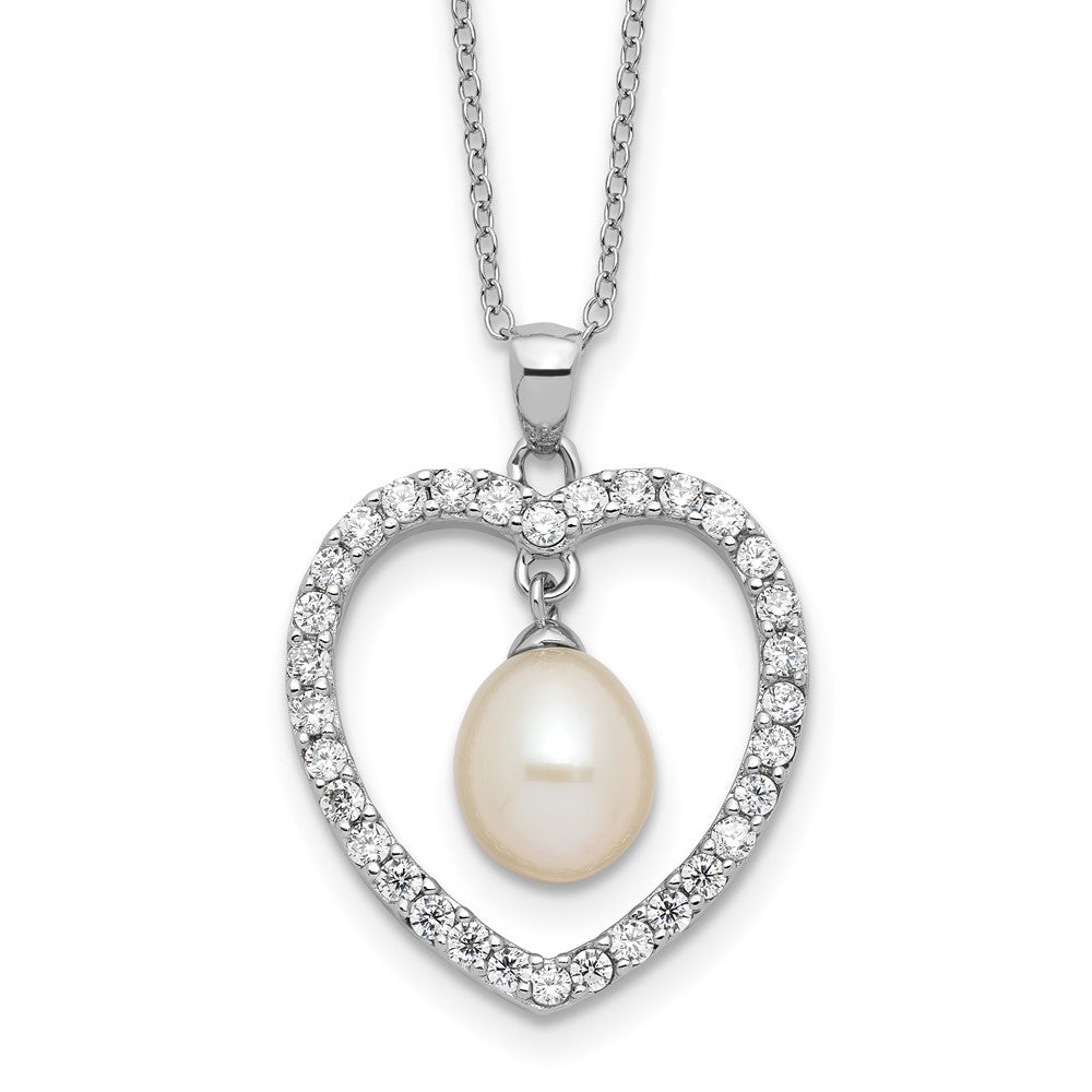 Sterling Silver RH-plated 8-8.5mm FWC Pearl and CZ Heart 17in Necklace