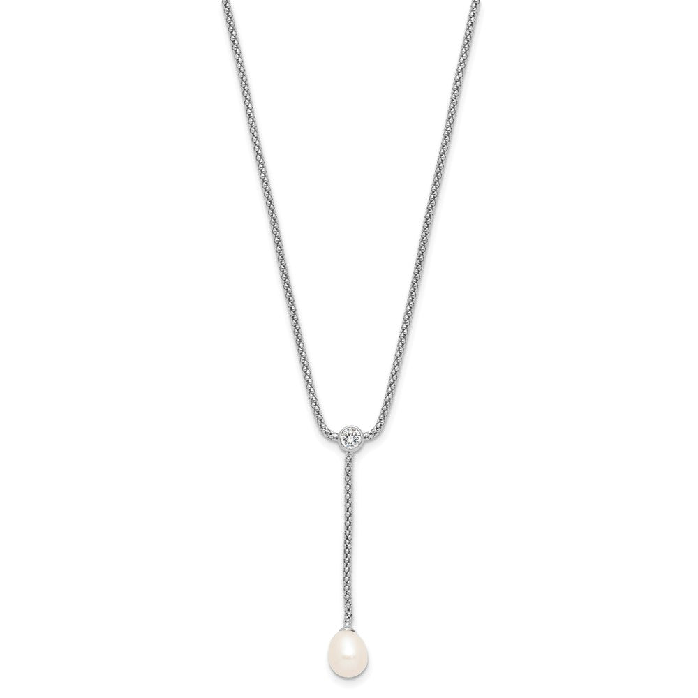 Sterling Silver RH-plated 8-9mm FWC Pearl/CZ Drop Dangle 18in Necklace