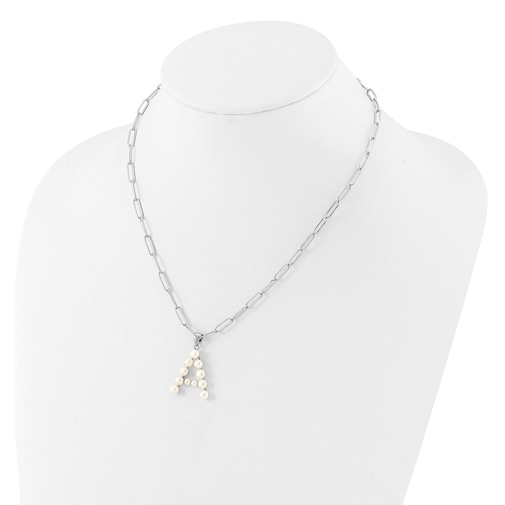 Sterling Silver RH-plated 3-5.5mm FWC Pearl LETTER A 18in Necklace