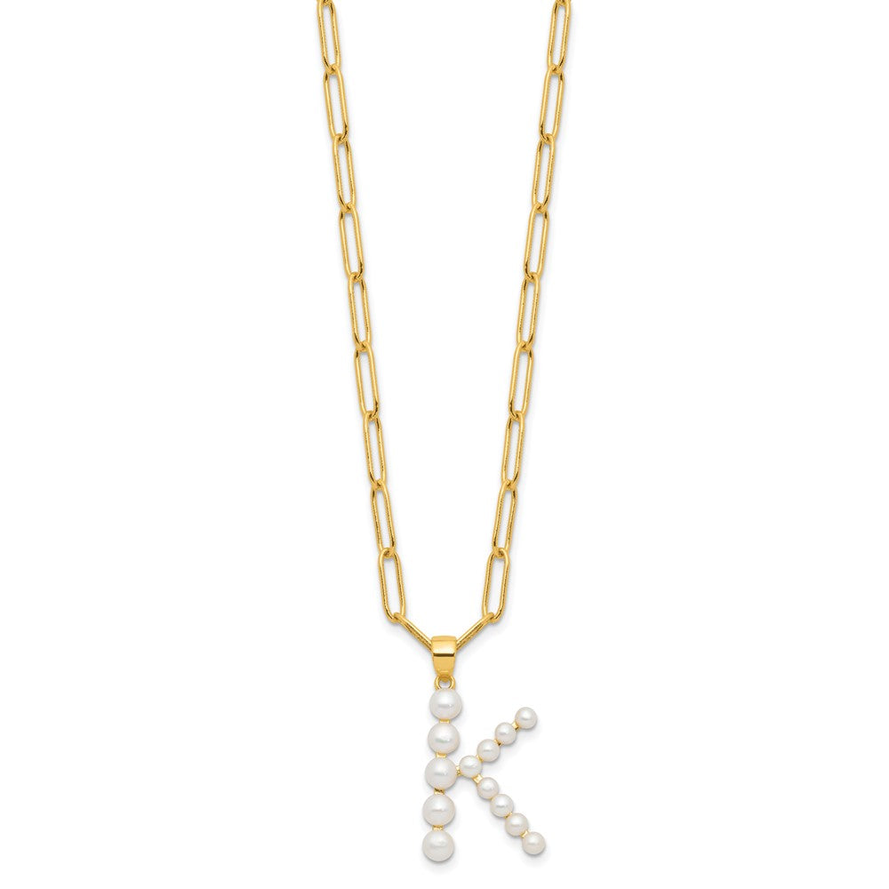 Sterling Silver Gold-plated 3-5.5mm FWC Pearl LETTER K 18in Necklace
