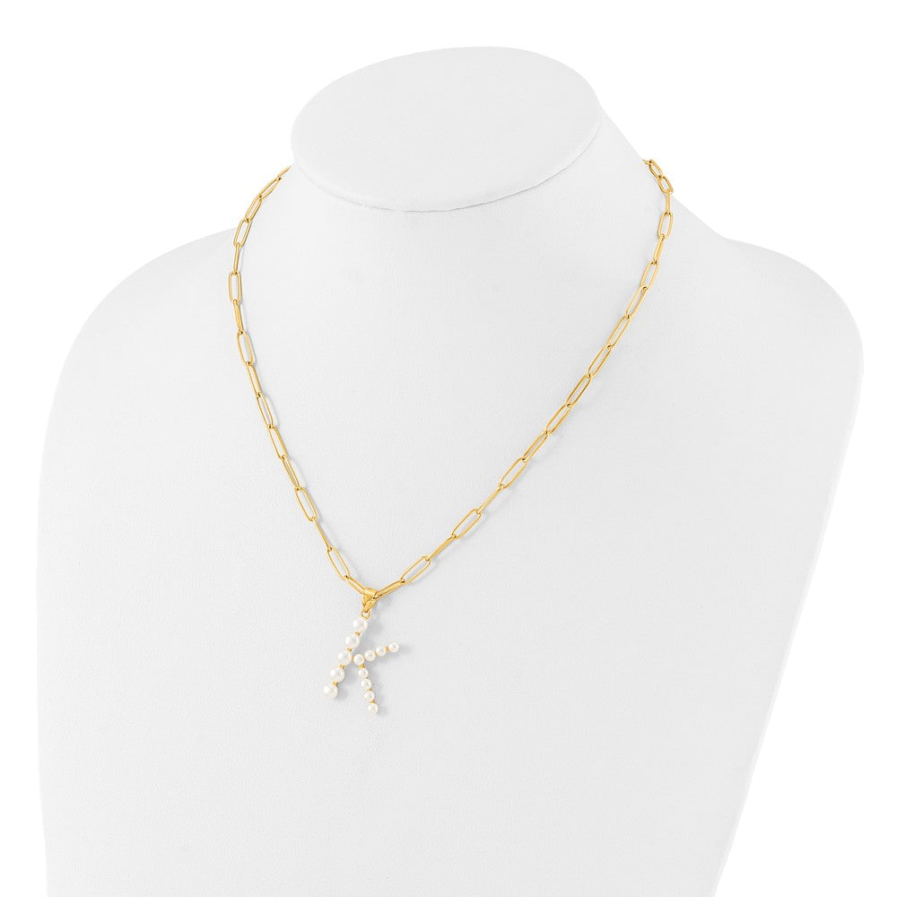 Sterling Silver Gold-plated 3-5.5mm FWC Pearl LETTER K 18in Necklace