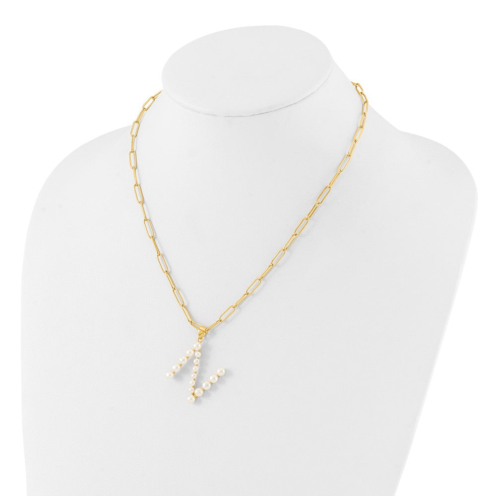 Sterling Silver Gold-plated 3-5.5mm FWC Pearl LETTER N 18in Necklace