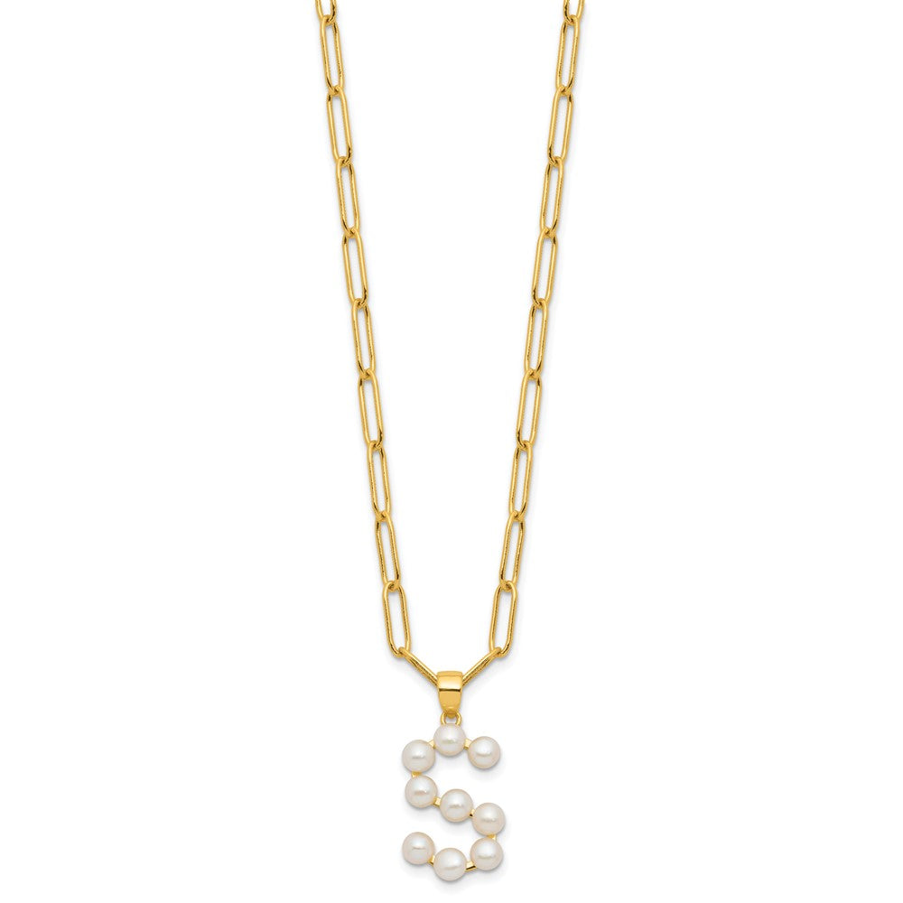 Sterling Silver Gold-plated 3-5.5mm FWC Pearl LETTER S 18in Necklace