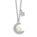 Sterling Silver Rhod-plated CZ and FWC Pearl Moon and Star 18in Necklace