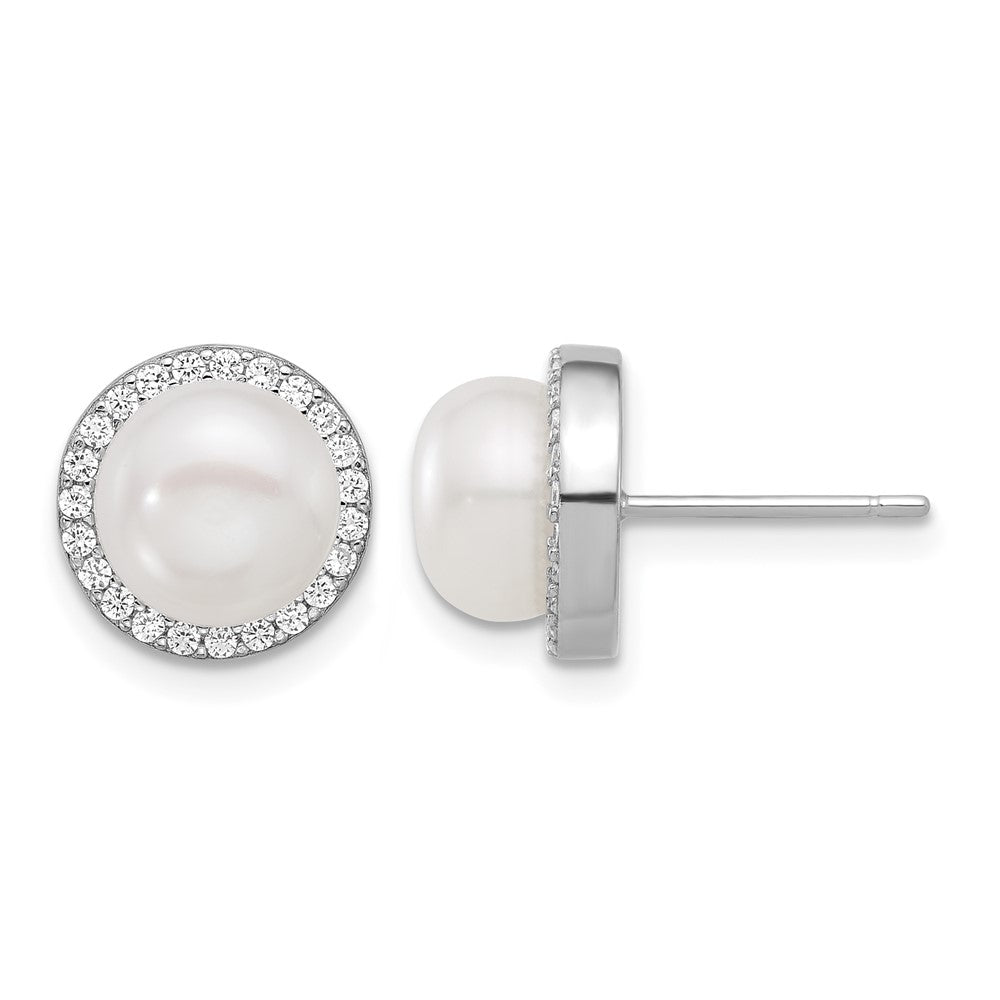 Sterling Silver RH-plated 8-9.5mm FWC Pearl/CZ Necklace/Post Earring Set