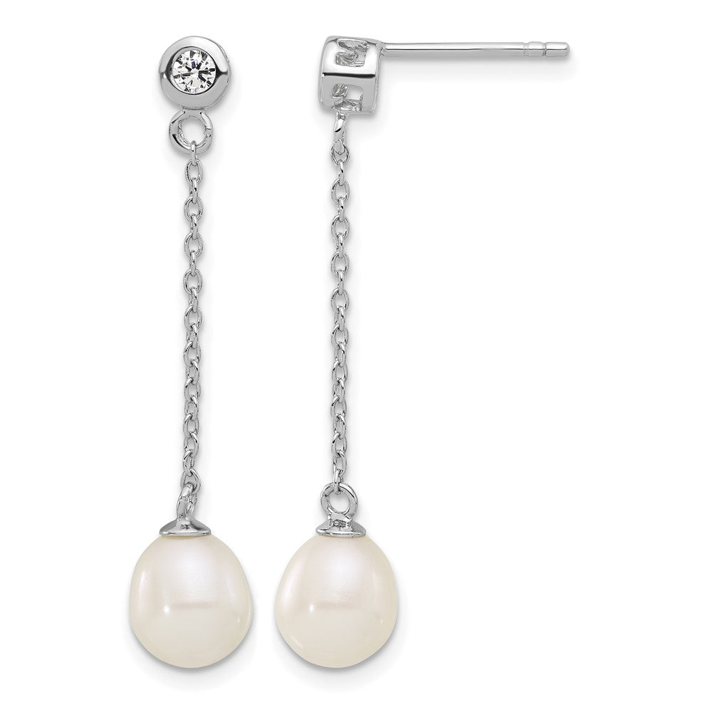 Sterling Silver RH-plated 7-8mm FWC Pearl/CZ 17in Necklace/Earrings Set