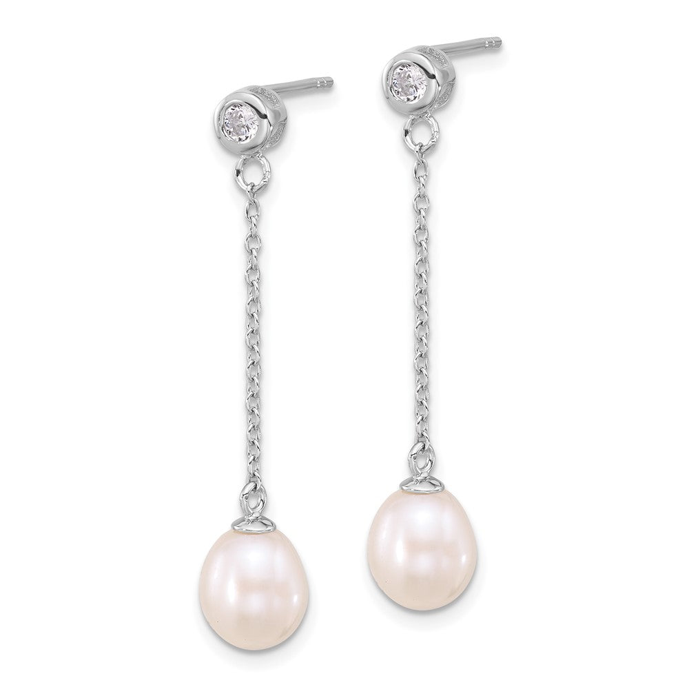 Sterling Silver RH-plated 7-8mm FWC Pearl/CZ 17in Necklace/Earrings Set