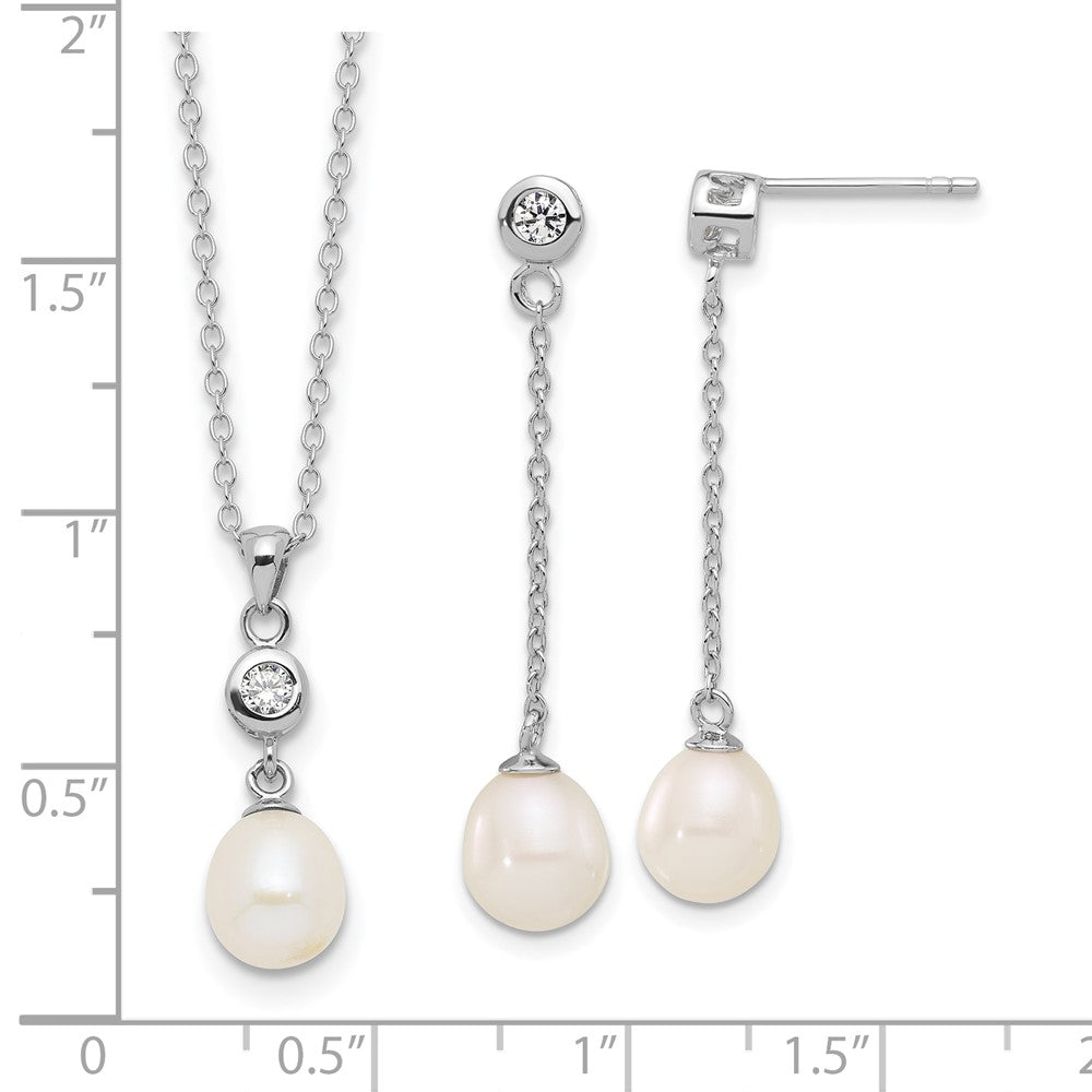 Sterling Silver RH-plated 7-8mm FWC Pearl/CZ 17in Necklace/Earrings Set
