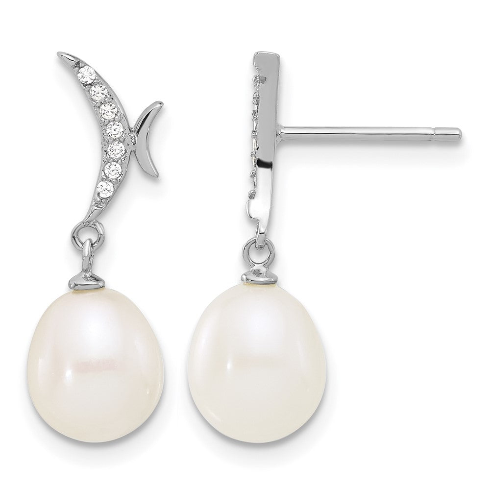 Sterling Silver RH-plated 7-9mm FWC Pearl/CZ Necklace/Post Earrings Set