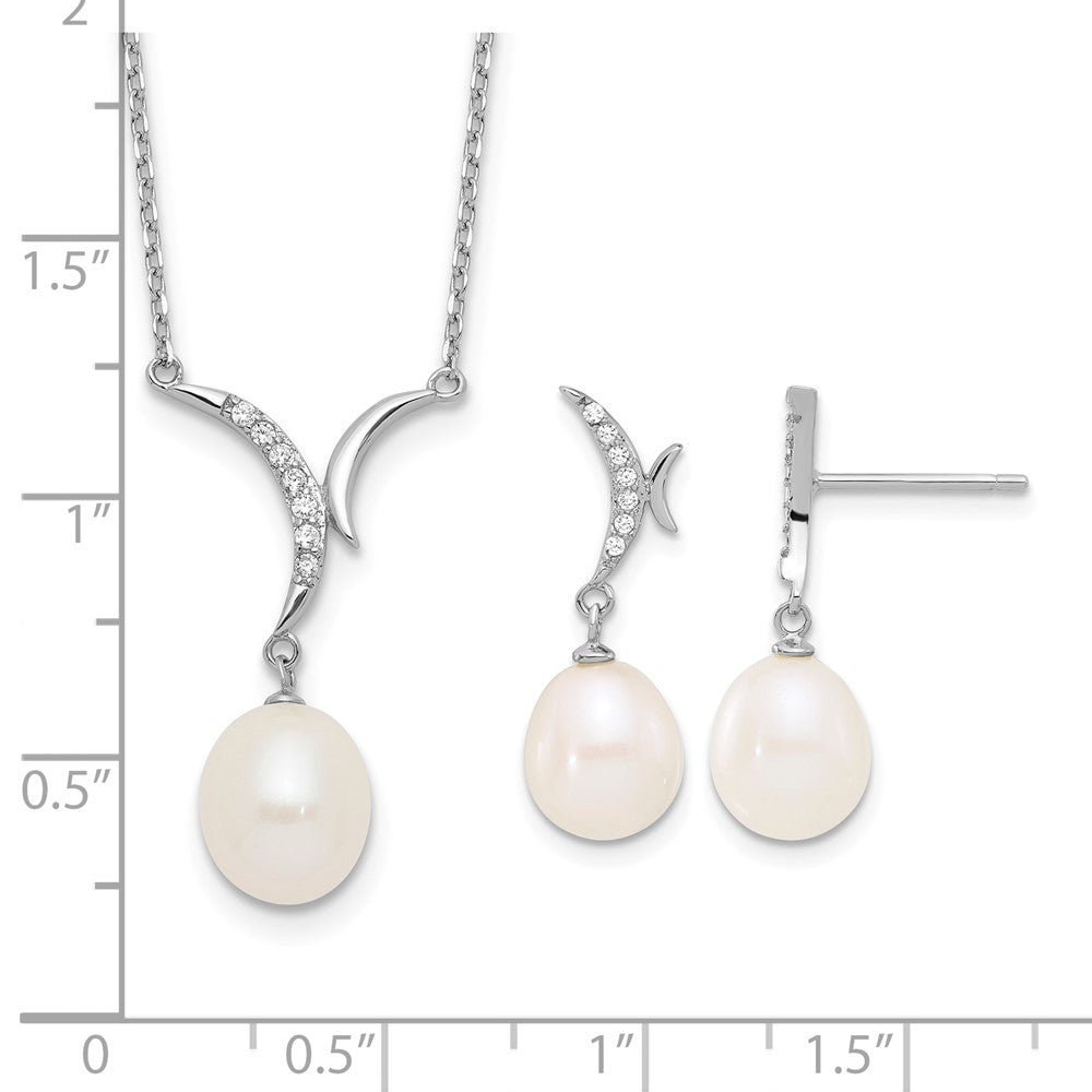 Sterling Silver RH-plated 7-9mm FWC Pearl/CZ Necklace/Post Earrings Set