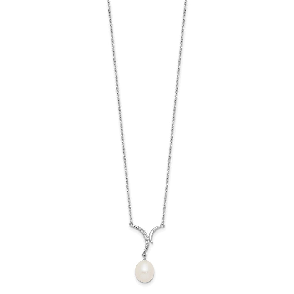 Sterling Silver RH-plated 7-9mm FWC Pearl/CZ Necklace/Post Earrings Set