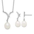 Sterling Silver RH-plated 7-9mm FWC Pearl/CZ Necklace/Post Earrings Set