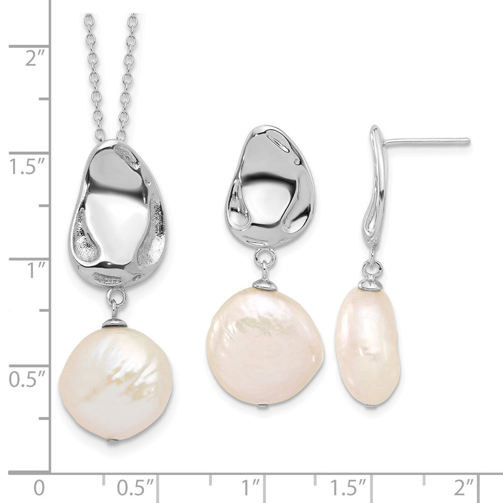 Sterling Silver RH-plated 13-14mm FWC Pearl 17in Necklace/Earring Set