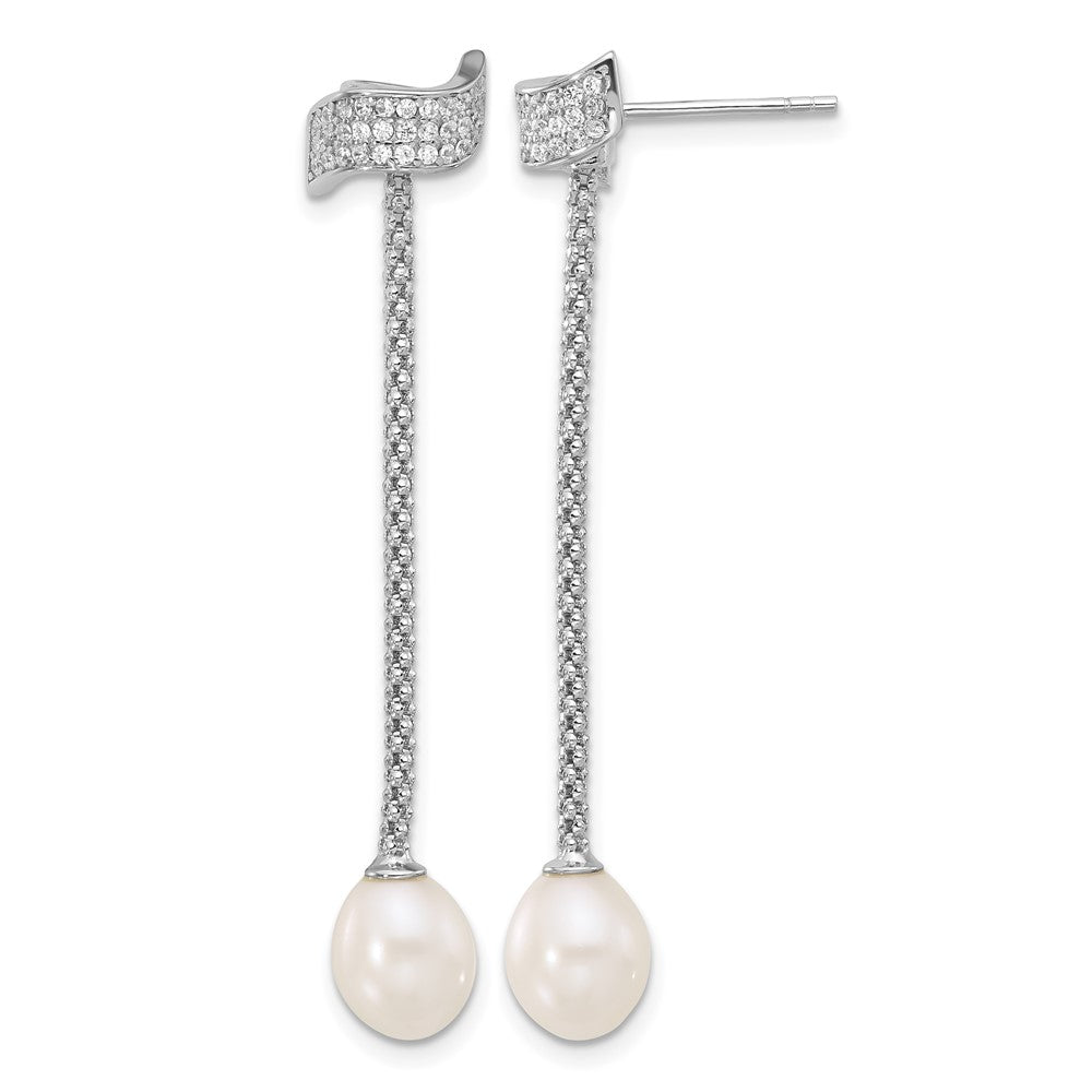 Sterling Silver RH-plated FWC Pearl/CZ w/2in ext Necklace/Earrings Set