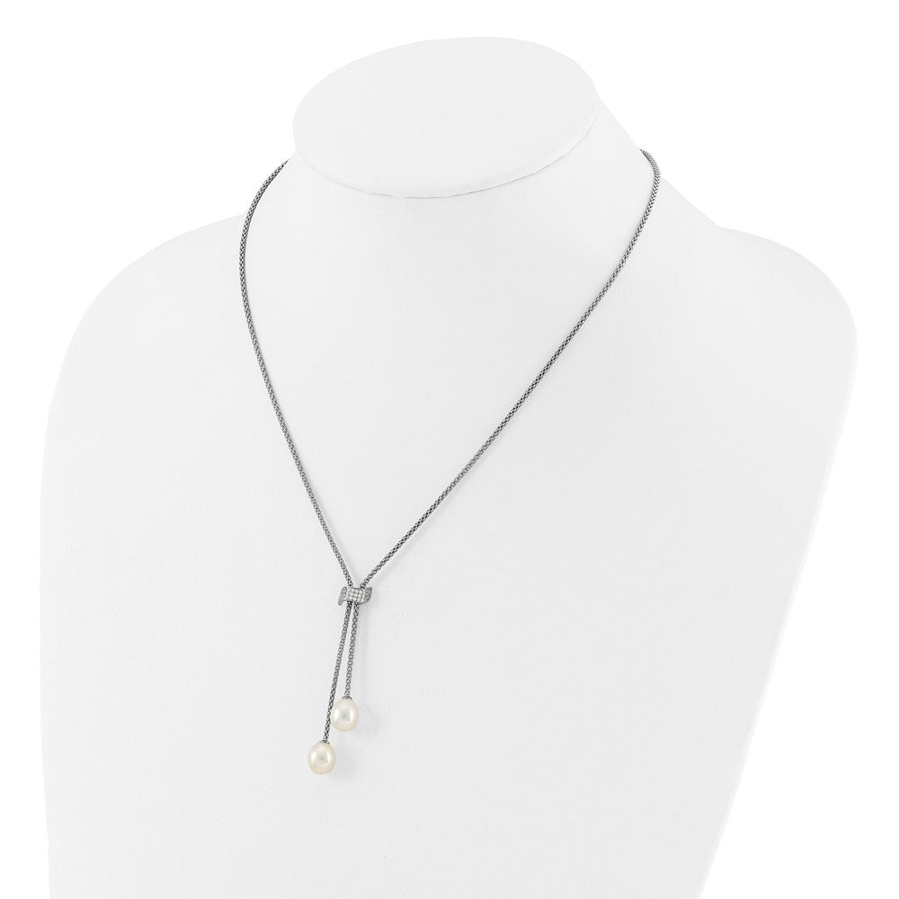 Sterling Silver RH-plated FWC Pearl/CZ w/2in ext Necklace/Earrings Set