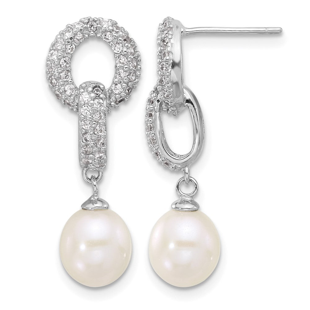Sterling Silver RH-plated 7-9mm FWC Pearl/CZ Necklace/Post Earrings Set