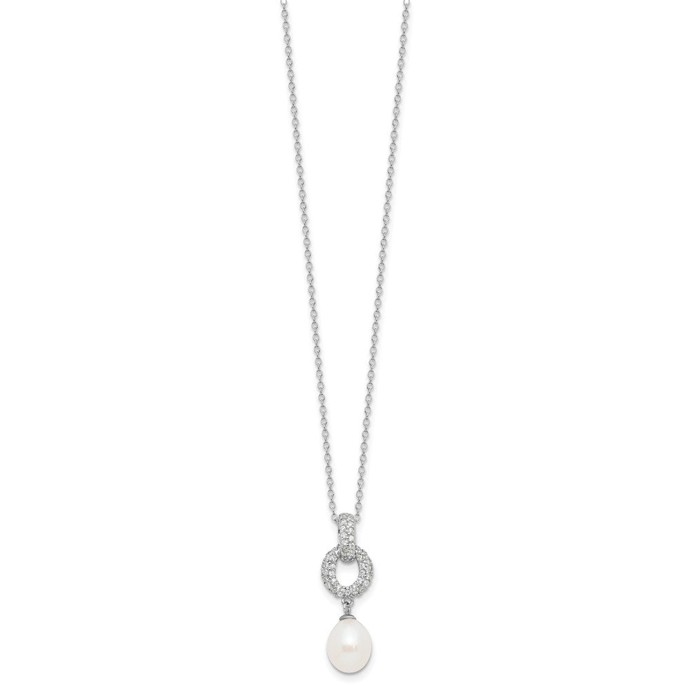Sterling Silver RH-plated 7-9mm FWC Pearl/CZ Necklace/Post Earrings Set
