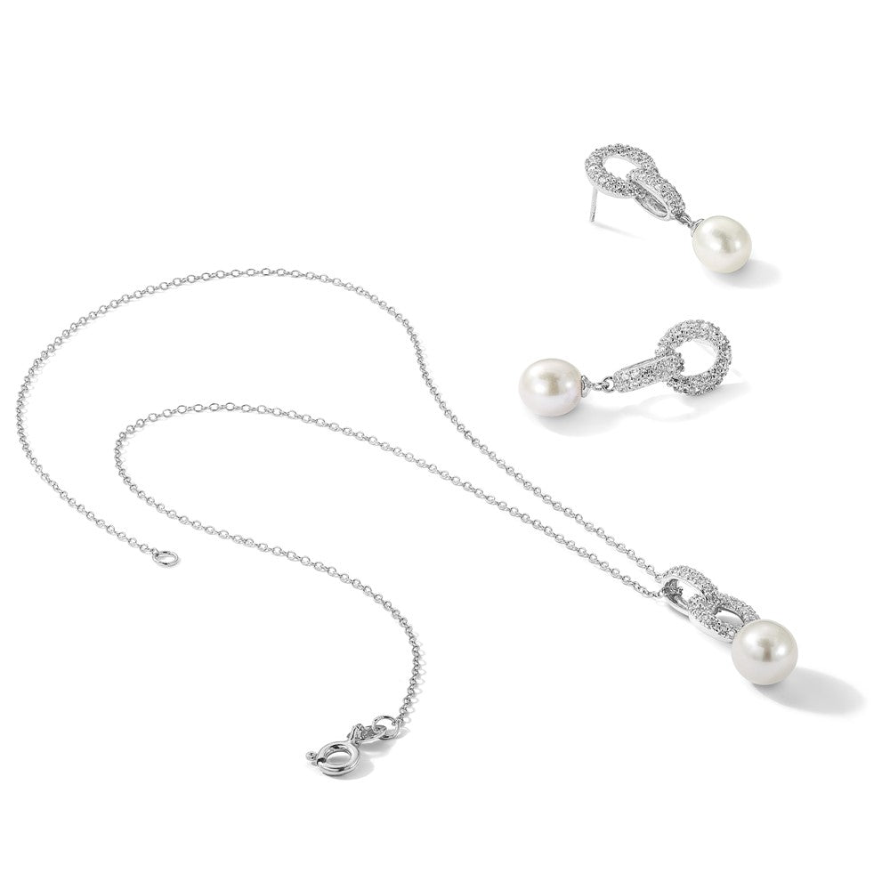 Sterling Silver RH-plated 7-9mm FWC Pearl/CZ Necklace/Post Earrings Set