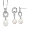 Sterling Silver RH-plated 7-9mm FWC Pearl/CZ Necklace/Post Earrings Set