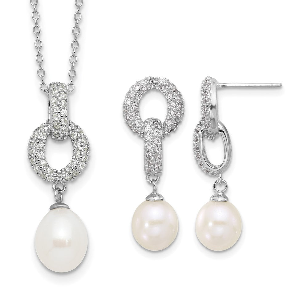 Sterling Silver RH-plated 7-9mm FWC Pearl/CZ Necklace/Post Earrings Set