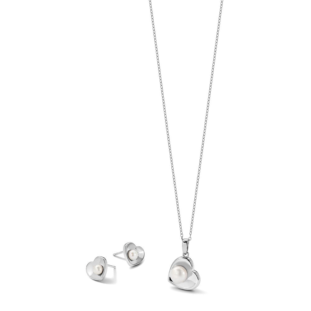 Sterling Silver RH-plated 4-7mm FWC Pearl 17.5in Heart Neck/Earring Set