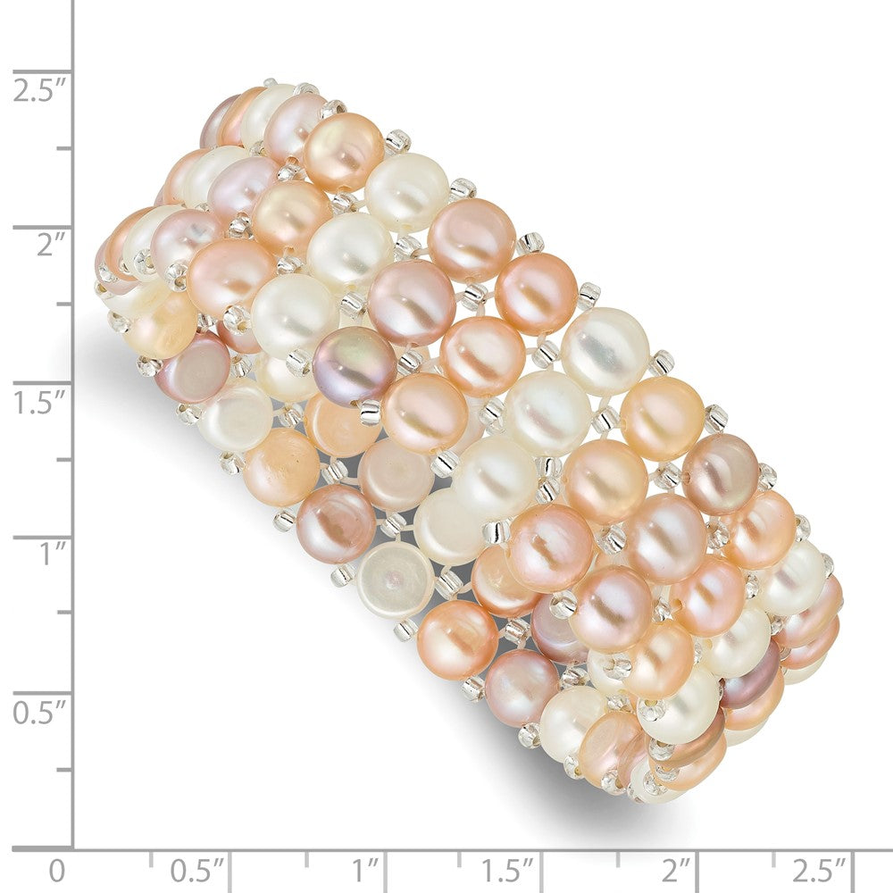 6-7mm Button FWC Pearl and Glass Beaded 3-row Stretch Bracelet
