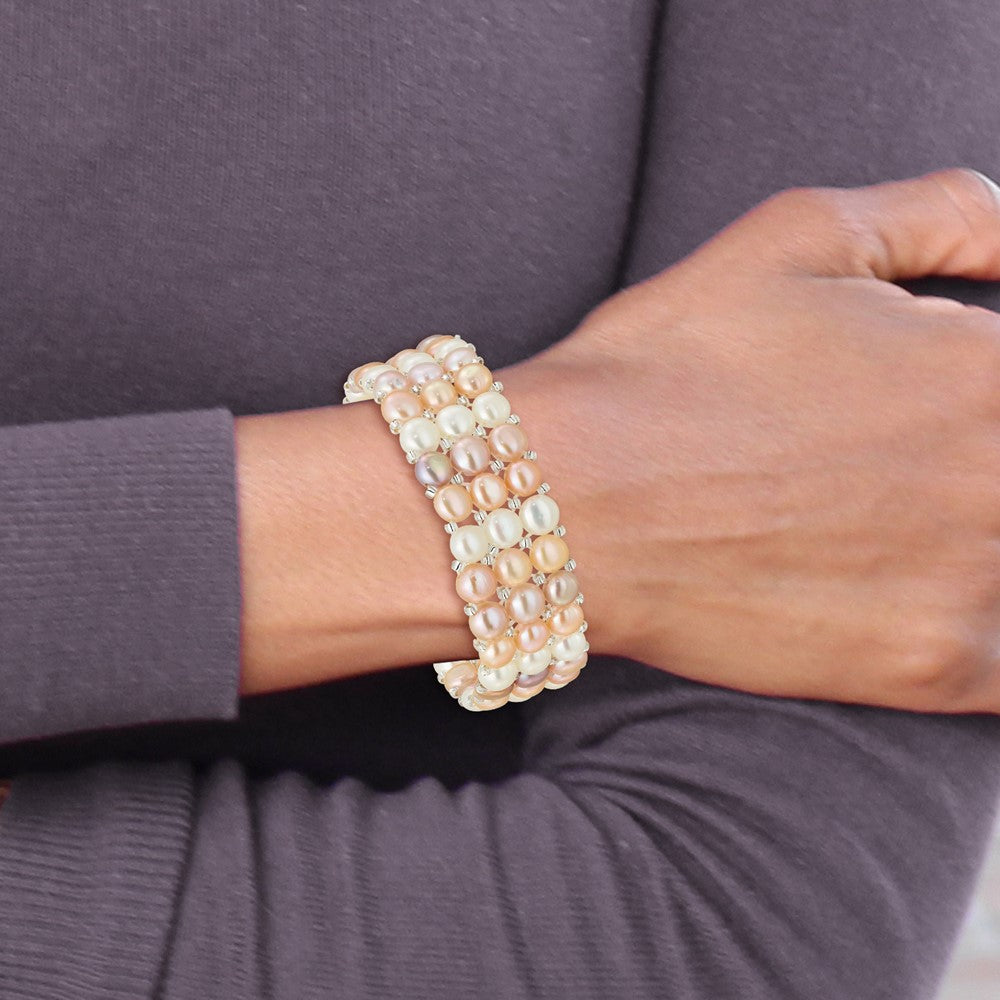6-7mm Button FWC Pearl and Glass Beaded 3-row Stretch Bracelet