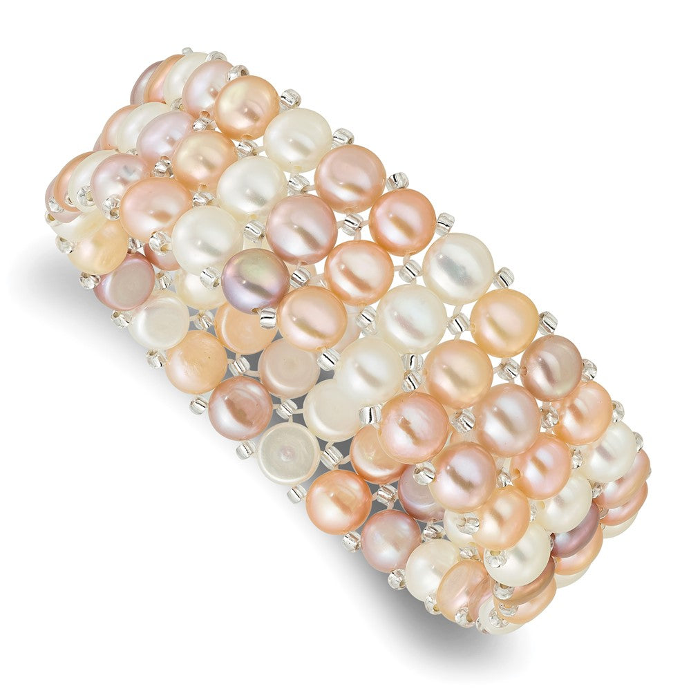 6-7mm Button FWC Pearl and Glass Beaded 3-row Stretch Bracelet