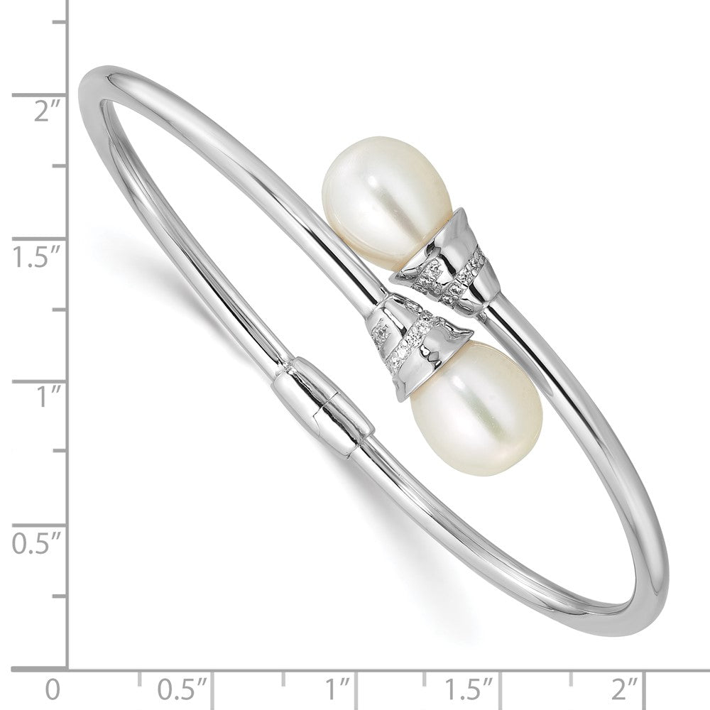 Sterling Silver Rh-plated 8-10mm Teardrop FWC and CZ Hinged Bangle