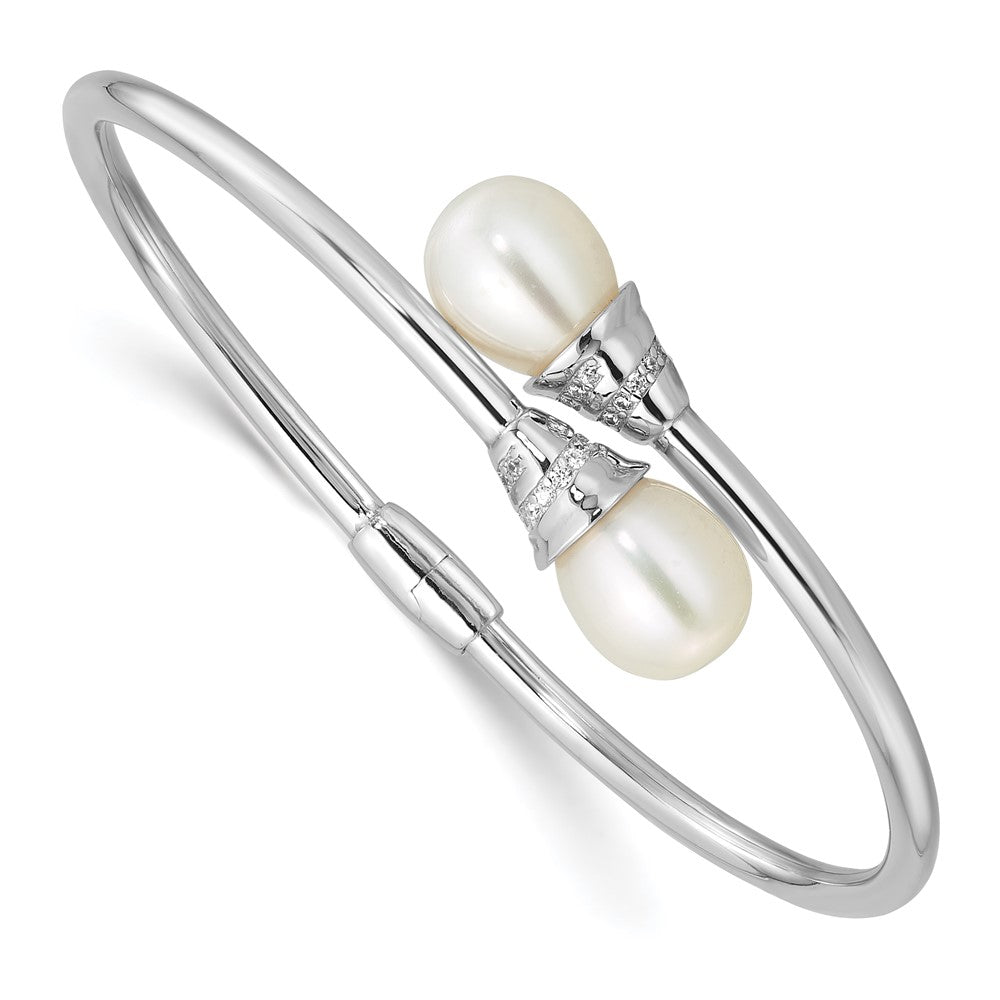 Sterling Silver Rh-plated 8-10mm Teardrop FWC and CZ Hinged Bangle
