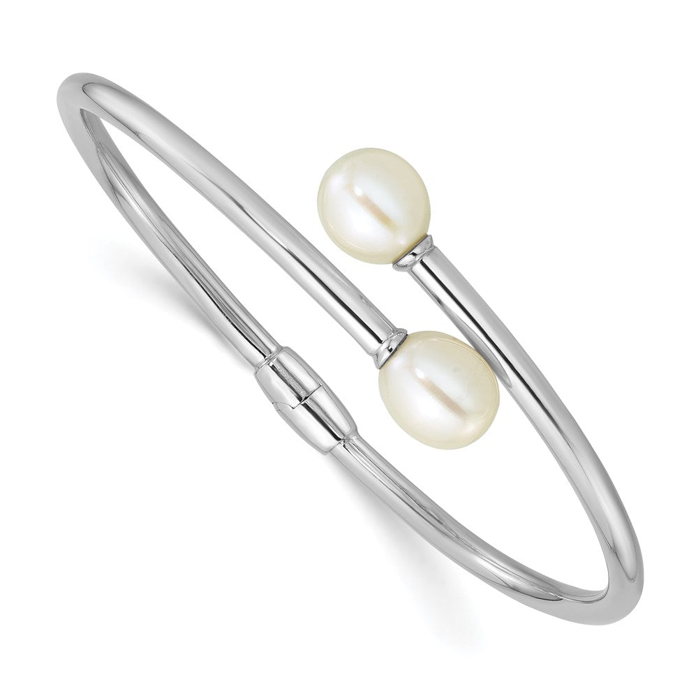 Sterling Silver Rh-plated 7-9mm Teardrop FWC Pearl Hinged Bangle